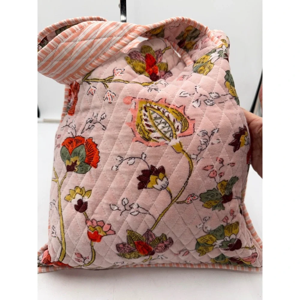 POL Pink Floral Hand Block Print Quilted Velvet Tote Bag Cotton Striped Lining